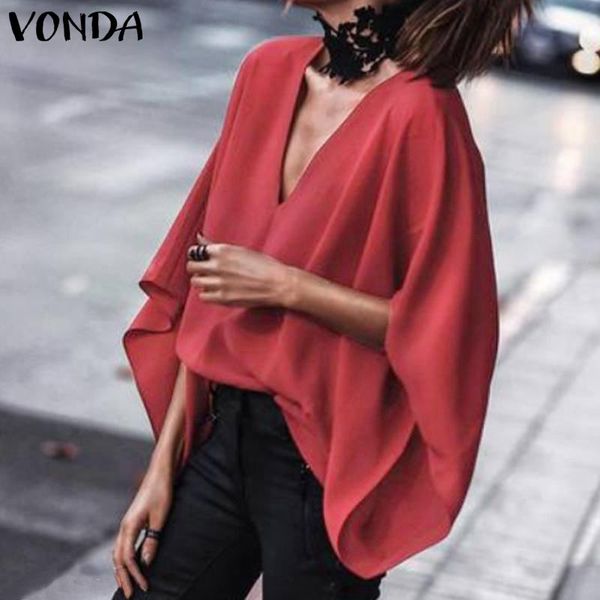 

vonda women blouses 2019 autumn v neck batwing sleeve shirts female casual loose plus size blusas femininas, White