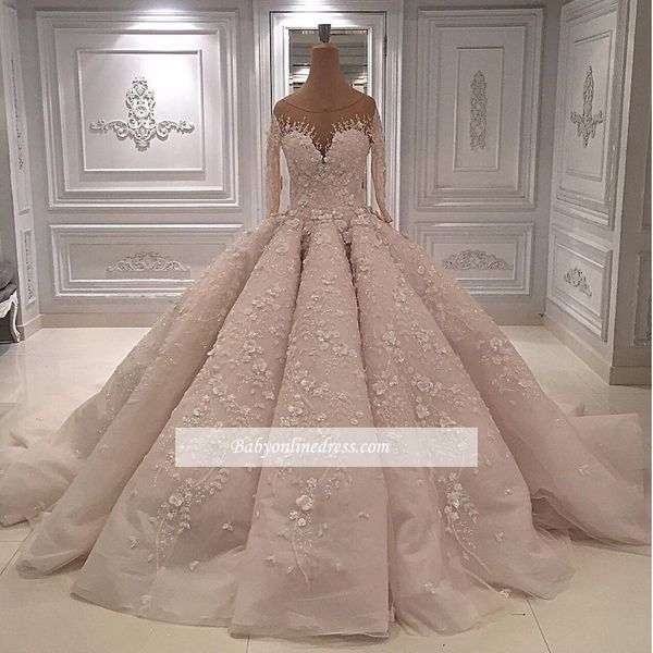 

luxury 3d floral applique wedding dresses with long sleeves jewel neckline bridal ball gown court train tulle beaded bride dress, White