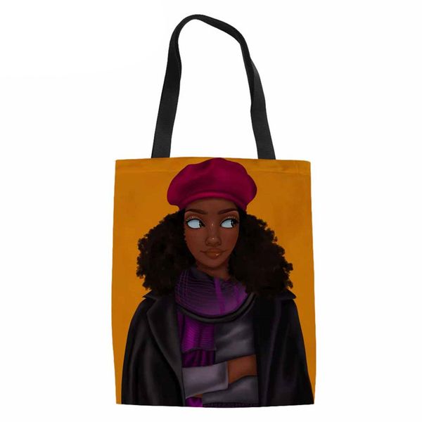 

cusotm print shopping bag foldable black art african girls printing eco bags for women large shopper bag ladies canvas tote bags