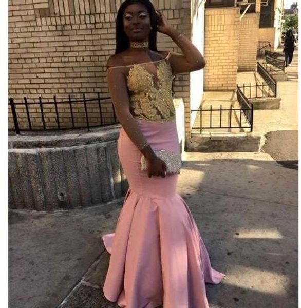 

black gilrs prom dresses evening gowns off shoulders with long sleeves gold applique lace illusion mermaid designer formal dress