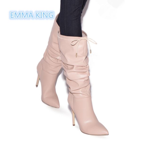 

2019 spring autumn mid-calf leather boots women pointed toe pleated fashion knight boots stilettos lace-up ladies shoes, Black