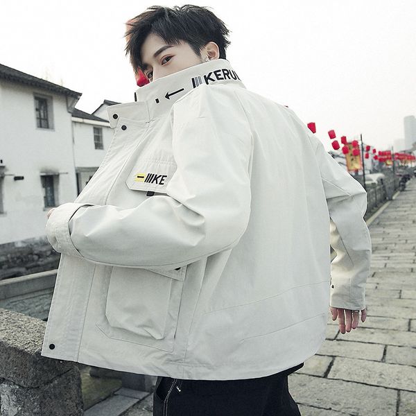 

men's cargo jacket stand collar letter pocket design zipper bomber jacket men korean style 3xl hip hop white, Black;brown
