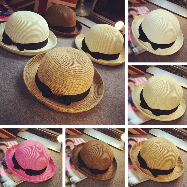 

2019 new arrival sun hat casual summer children beach harajuku cap cute bow hand made women straw hats big brim cap, Blue;gray