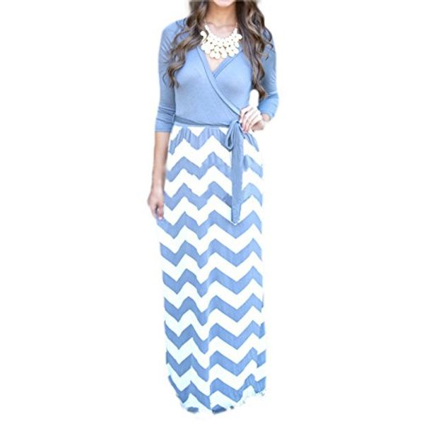 

suntton women's v-neck 3/4 sleeves long maxi casual party dress with belt, Black;gray