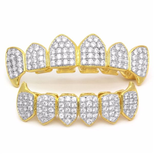 

18k real gold punk hiphop cz zircon poker letters vampire teeth fang grillz diamond grills braces tooth cap rapper jewelry for cosplay party, Black