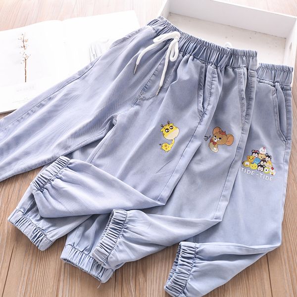 

2020 spring and summer baby animal printed lace-up jeans ankle-length girls' trousers wholesale, Blue