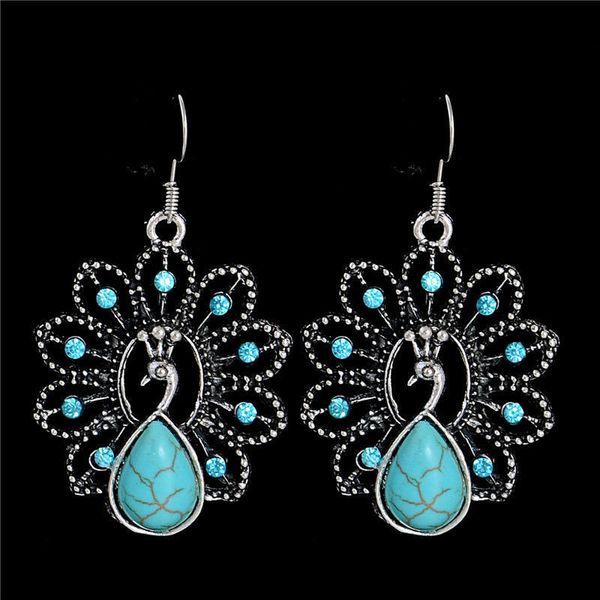 

2019 new fashion drop-shaped green stone peacock earrings for women exaggerated retro inlaid zircon dangle earrings jewelry, Silver