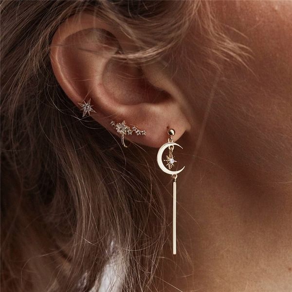 

crescent moon and star small tiny asymmetric stud earrings jewelry gifts for women girls, Silver