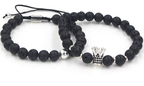 

8mm 2pcs/lot ugj3 gold silver copper cz zircon cubic zirconia elastic crown black stone volcanic lava bracelet bangles