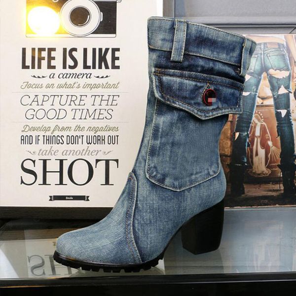 

bonjean jean boots women's ankletube short boot winter mid heel denim boot 2019 lady fashion jeans boots zipper shoes jeans, Black