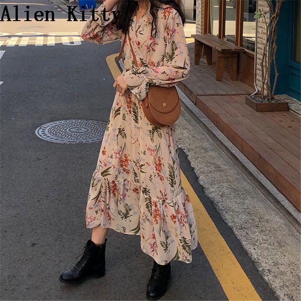 

alien kitty female ruffles loose v-neck vintage 2019 summer print fresh casual sweet ankle-length basic dress, Black;pink