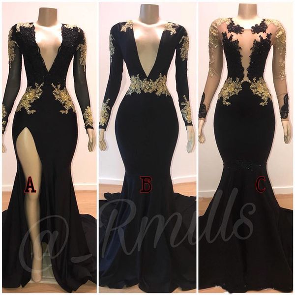 

2019 Sexy Deep V Neck Black Mermaid Prom Dresses Sheer Long Sleeves Lace Gold Appliqued Evening Dresses Party Wear Gowns