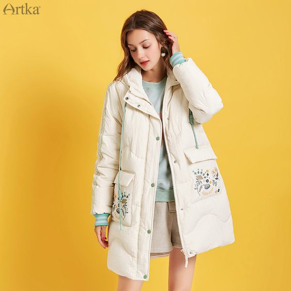 

artka 2019 winter new women down coat flower embroidery 90% white duck down coats hooded thick warm long loose outwear zk10695d, Black