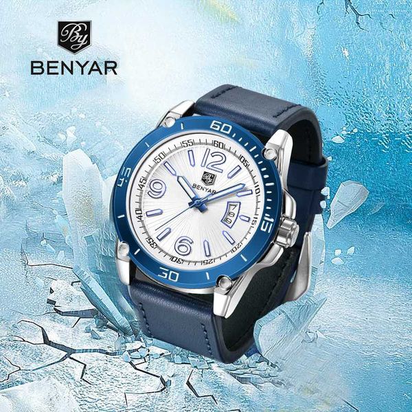 

new benyar quartz sports mens watches fashion leather strap watch man waterproof wristwatch relogio masculino, Slivery;brown