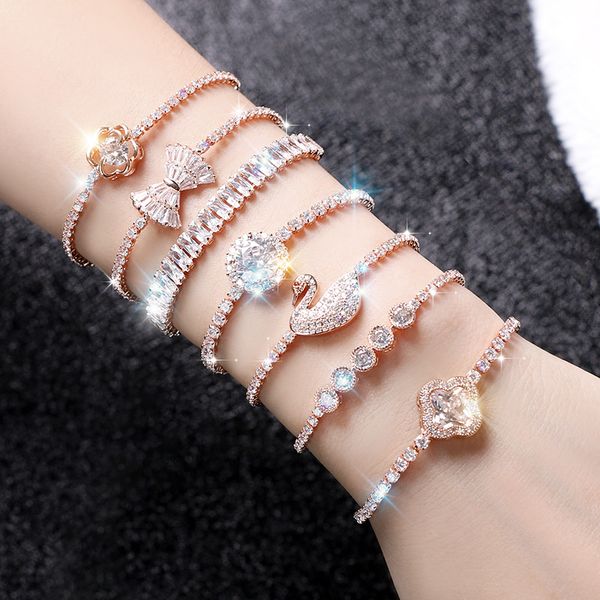 

full diamond zircon bracelet, adjustable bracelet, acorite swan four leaf clover noble delicate for wedding, dinner party, ing, Black