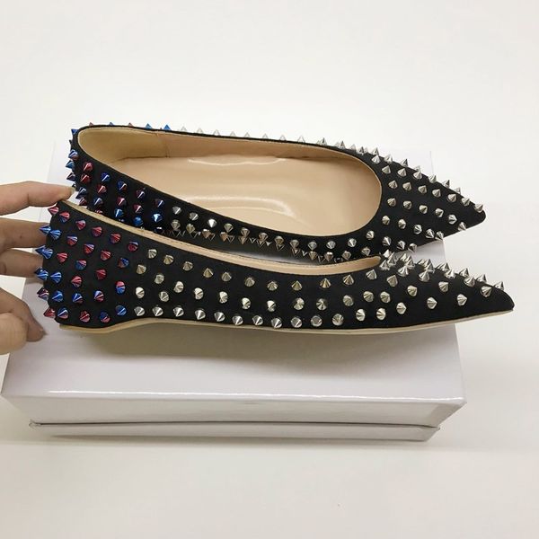 

womens shoes flats rivets red pointed versatile pointed toe women pumps patent studded stiletto pumps wedding shoes size 35-45, Black