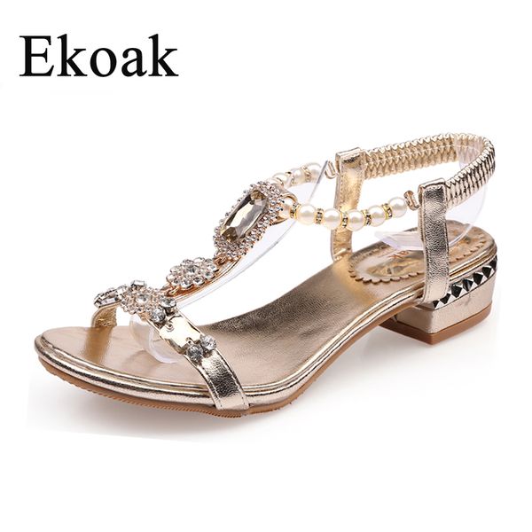 

ekoak new fashion women sandals summer party dress shoes ladies rhinestone medium heels shoes woman beach, Black