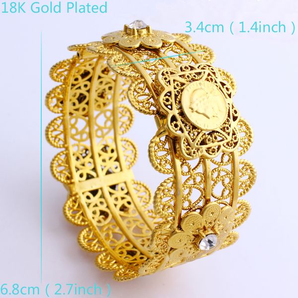 Novo luxo feminino grande pulseira larga CARVE THAI BAHT cabeça retrato moeda 22 k ouro sólido fino GF Dubai joias pulseiras abertas com flor de malha CZ