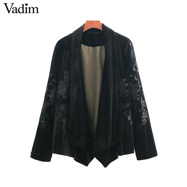 

vadim women floral embroidery velvet coat open stitch long sleeve black outerwear vintage female casual chic ca295, Black;brown