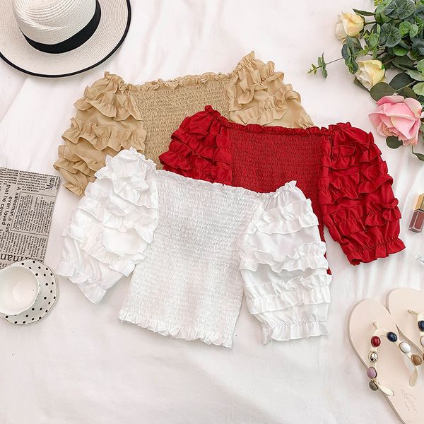 

2019 new fashion women's blouse shirt fresh pleated tube strapless cuff sleeves short chiffon shirt, White