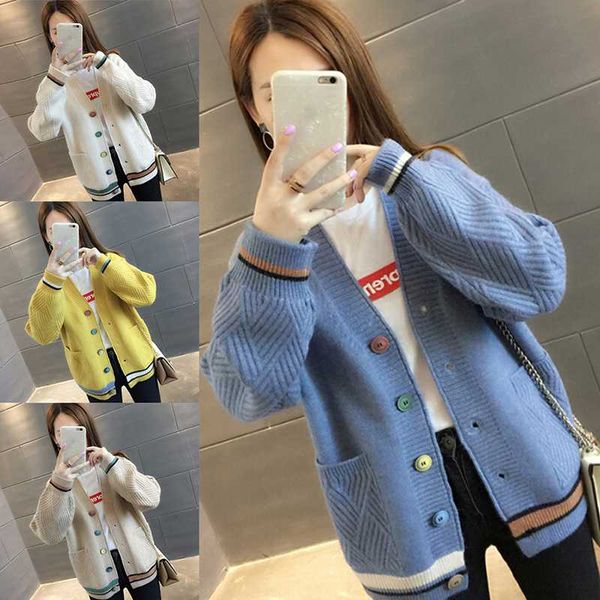 

women's knits & tees autumn warm striped knitted cardigans sweater women v neck long sleeve cardigan black button pockets knit, White