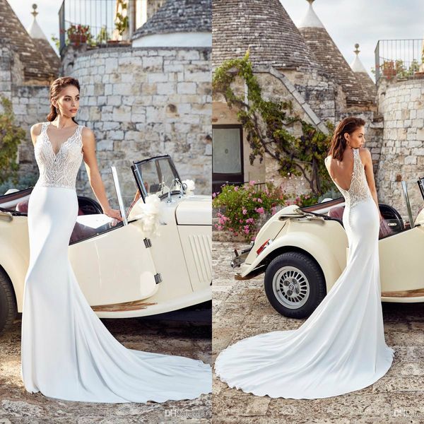 

mermaid wedding dresses 2019 eddy k lace appliqued beaded country bridal gowns backless satin beach wedding dress v neck vestido de novia, White