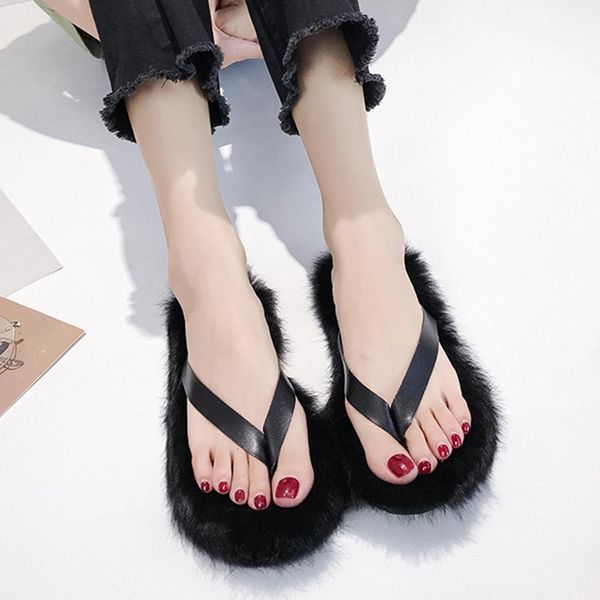 

winter women home slippers with faux fur new fashion women solid flat flip flops sandals round toe casual shoes slipper, Black