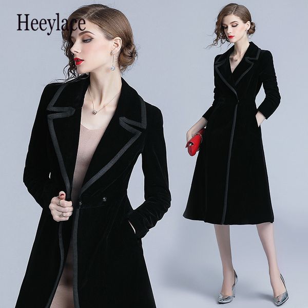 

2019 autumn winter velvet trench coat women abrigo mujer long elegant notched outwear female overcoat slim black cardigan trench, Tan;black