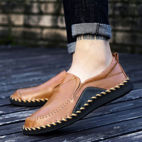 

brand fashion men shoes soft moccasins men loafers handmade sewing genuine leather shoes slip on mens flats driving, Black