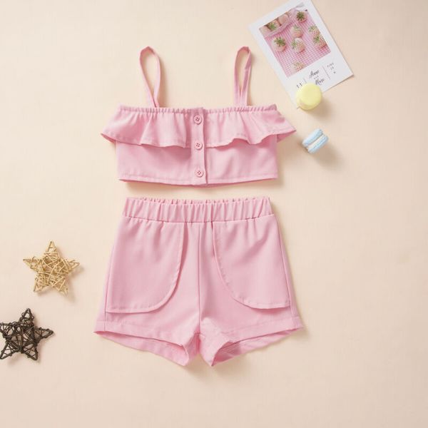 

summer children clothing toddler kids baby girls spaghetti strap t-shirt vest + shorts outfits cute summer 2pcs clothes set, White