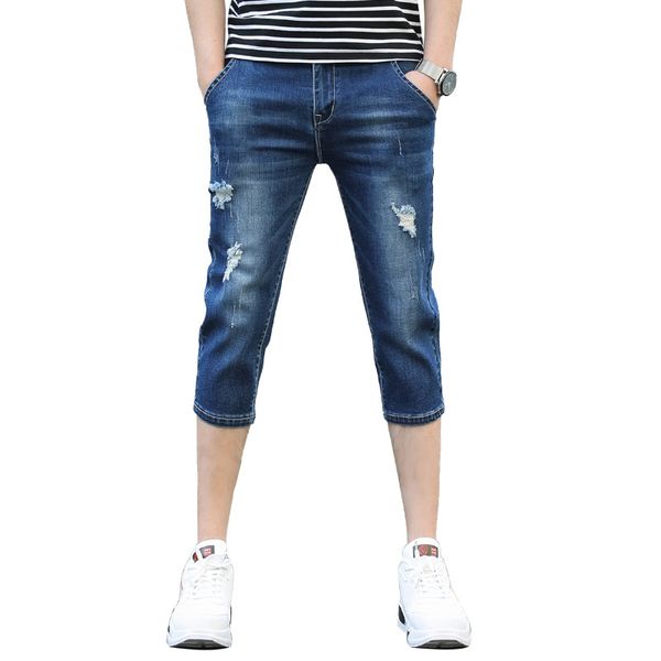 

student holes slim-fit cropped pants teen denim shorts calf length jeans 2019 men's summer new lightweight straight pants, Blue