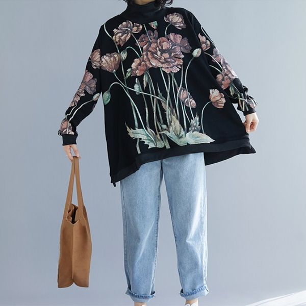 

2019 women print floral black hoodies spring autumn long sleeve warm sweatshirts casual turtleneck loose