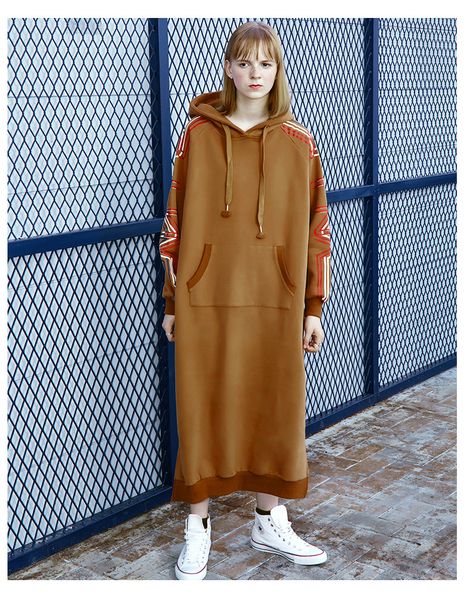 

thirteen women's tide brand 2018 new loose long women's hoodie cotton jacket wool hooded ladies dress, Black