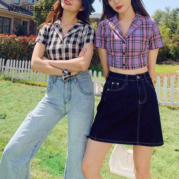 

summer blouses women vintage crop shirt streetwear plaid ladies elegant button up shirts korean crop red 2020, White