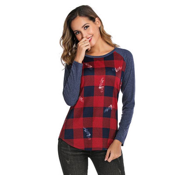 

new fashion plaid t-shirts autumn winter long sleeve round collar asymmetrical patchwork womens tshirts plus size pullover, White