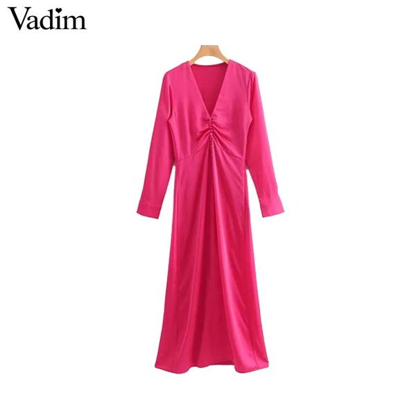 

vadim women v neck pink maxi dress gathered buttons side zipper long sleeve pleated casual ankle length dresses vestidos qa796, Black;gray