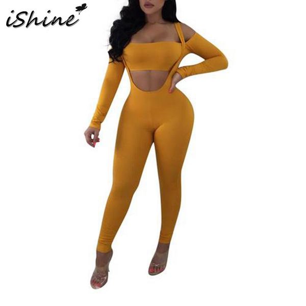 

ishine women's fashionable solid color off-shoulder strap high waist pants suit jumpsuit long sleeve hollow out pullover, Gray