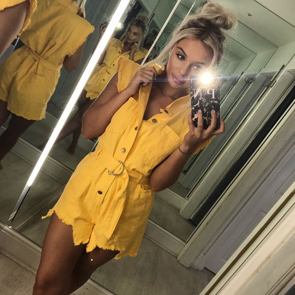 

2019 mini jumpsuits women jumpsuit summer halter v neck overalls slim shirt overalls slim button yellow casual jumpsuits, Black;white