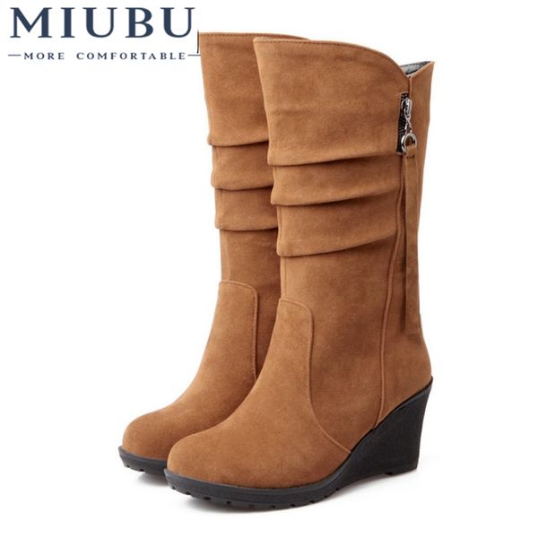 

miubu big size 34-43 women shoes new arrivals mid calf wedges boots pu leather autumn spring woman boots, Black