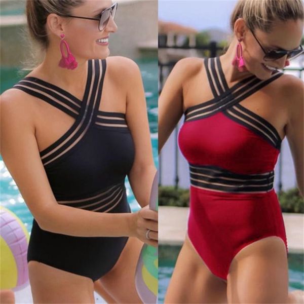 

2019 Sexy One Piece Swimsuit Women High Neck Bandage Cross Back Neck Monokini Black Swimwear Women Bathing Suits Swimming Suit