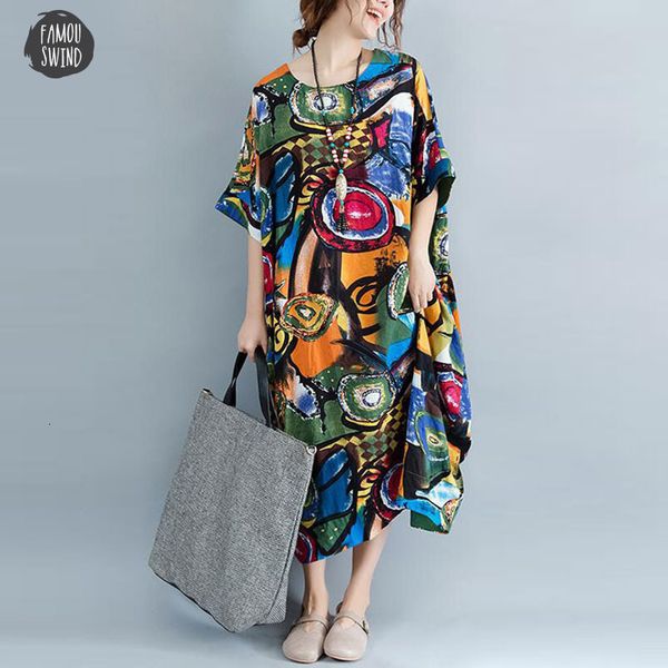

women dress plus size summer pattern print linen colorful female batwing casual vintage large loose casual dresses size dresses, Black;gray