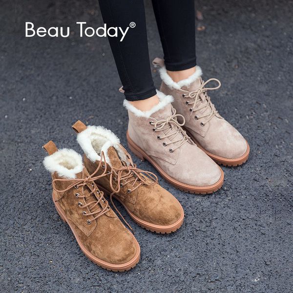 

beautoday wool snow boots women genuine leather round toe lace-up platform winter ladies ankle length shoes handmade 03281 t200106, Black