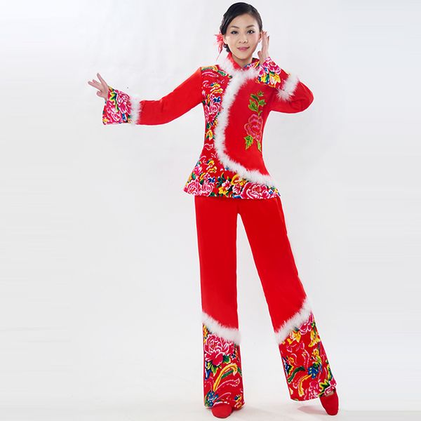 

stage wear chinese hanfu yangko clothing costume fan female sub-ethnic dance winter folk for woman, Black;red