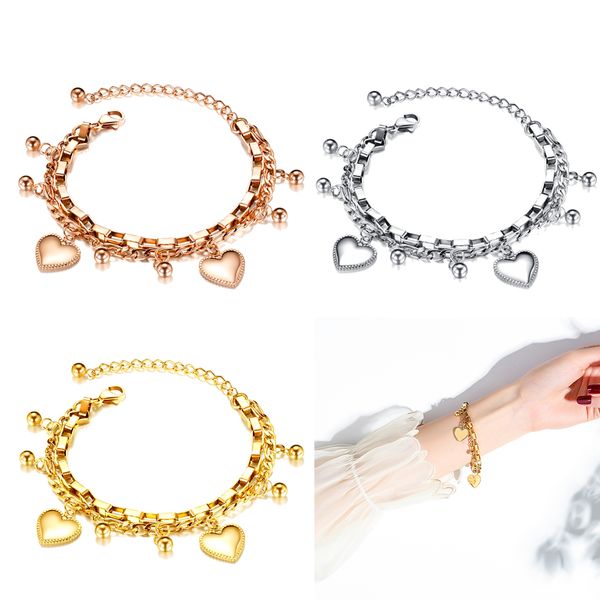 

women ladies heart link chain charm bracelets bohemian lolita stainless steel jewelry wristband bangle birthday anniversary gift for wife, Golden;silver