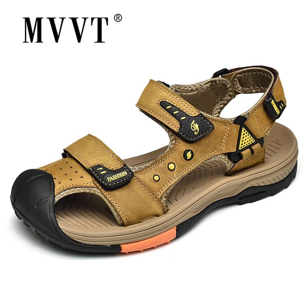 

mvvt cow leather outdoor sandals men hand-made summer beach sandals casual, Black