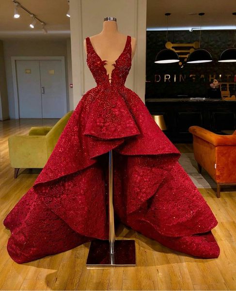 

2020 luxury red prom dresses deep v neck lace appliqued bead formal dress custom made high low evening gowns party wear, Black