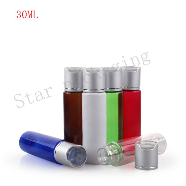 (50 Stück) 30 ml mehrfarbiger leerer PET-Kosmetikflaschenbehälter mit Druckverschluss, 30 cc-Kunststoffflaschen in Reisegröße mit Scheibenverschluss
