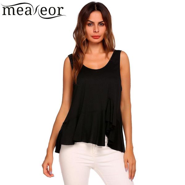 

women fashion u-neck sleeveless solid asymmetric ruffle hem tank, White