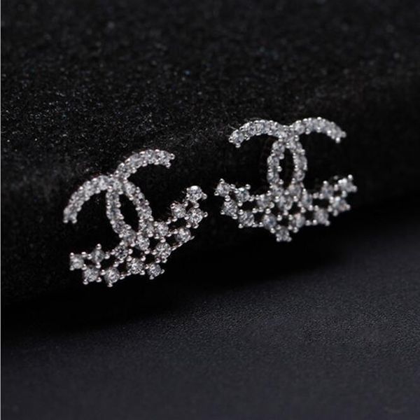 

925 sterling silver stud earrings natural crystal wholesale fashion letter designer earrings jewelry for women party wedding with box, Golden;silver