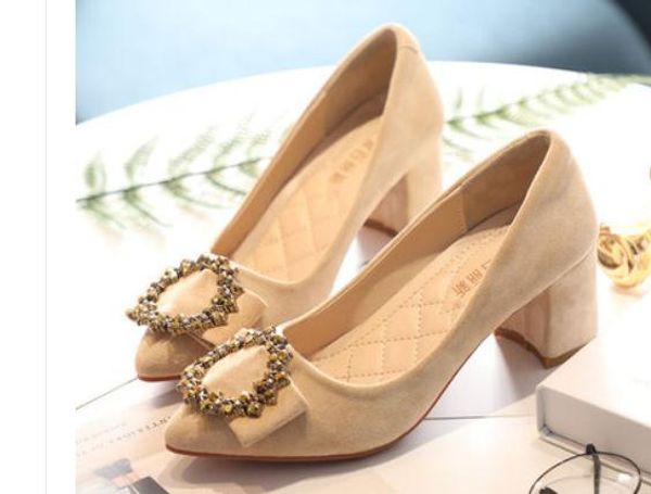 

2019 women's shoes in spring and autumn with new style high heel coarse heel pointed end suede bowknot #132, Black